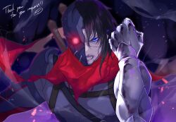 Rule 34 | 1boy, angry, armor, black hair, blue eyes, broken mask, clenched hand, clenched teeth, commission, eyepatch, facial hair, glowing, glowing eye, half mask, highres, lens flare, long hair, mask, mechanical arms, merry (secilhodoshima), one-eyed, original, pale skin, prosthesis, prosthetic arm, red scarf, scarf, shoulder armor, single mechanical arm, skeb commission, sword, teeth, weapon