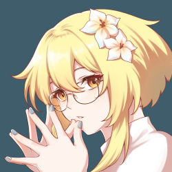 Rule 34 | 1girl, alternate costume, aqua background, bespectacled, blonde hair, brill p, casual, close-up, commentary request, contemporary, flower, genshin impact, glasses, hair between eyes, hair flower, hair ornament, looking at viewer, lumine (genshin impact), own hands together, parted bangs, parted lips, shirt, short hair, short hair with long locks, sidelocks, simple background, solo, turtleneck, white shirt, yellow eyes