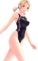 Rule 34 | 1girl, armpits, bare arms, bare shoulders, blonde hair, breasts, competition swimsuit, copyright request, covered erect nipples, from side, hair ornament, hairclip, highleg, highleg swimsuit, highres, kuri (kurigohan), large breasts, looking at viewer, one-piece swimsuit, short twintails, sideboob, simple background, skin tight, solo, swimsuit, twintails