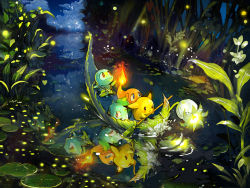 Rule 34 | 1990s (style), :o, blue eyes, blush, boat, bulbasaur, charmander, closed mouth, cloud, creatures (company), fire, fireflies, flame-tipped tail, flower, forest, game freak, gen 1 pokemon, glowing flower, gokuma, lantern, leaf, leaf boat, light particles, lily pad, looking down, looking up, nature, night, night sky, nintendo, no humans, outdoors, paddle, pikachu, plant, pokemon, pokemon (creature), pokemon rgby, red eyes, reflection, retro artstyle, ripples, river, sky, squirtle, star (sky), starry sky, starter pokemon trio, surprised, tree, water, watercraft, wavy mouth