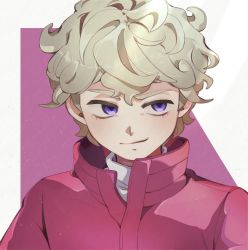 Rule 34 | 1boy, bede (pokemon), blonde hair, closed mouth, coat, commentary request, creatures (company), curly hair, eyelashes, fflora, game freak, highres, looking to the side, male focus, nintendo, pokemon, pokemon swsh, popped collar, purple coat, purple eyes, short hair, smile, solo, upper body