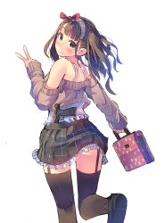 Rule 34 | 1girl, :3, ass, bag, bare shoulders, blunt bangs, blush, bow, brown eyes, brown footwear, brown hair, brown thighhighs, closed mouth, daito, eyebrows, frilled skirt, frills, from behind, garter straps, gun, hair bow, hairband, hand gesture, handbag, handgun, holding, kneepits, loafers, long hair, long sleeves, looking back, miniskirt, off-shoulder, off-shoulder sweater, off shoulder, original, pistol, polka dot, red bow, sheath, sheathed, shoes, simple background, skirt, sleeves past wrists, smile, solo, sweater, tareme, thighhighs, twintails, upskirt, v, walking, weapon, white background, zettai ryouiki
