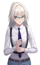 Rule 34 | 1girl, absurdres, alternate costume, an-94 (girls&#039; frontline), aqua eyes, aqua pants, belt, blonde hair, blue necktie, blue pants, breasts, constantine-xii, defy (girls&#039; frontline), girls&#039; frontline, glasses, hair between eyes, highres, holding necktie, long hair, looking at viewer, necktie, open mouth, pants, shirt, small breasts, solo, standing, suspenders, teeth, white background, white shirt