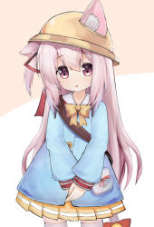 Rule 34 | 1girl, animal ears, azur lane, bag, cat ears, cat tail, commentary request, ears through headwear, hachachi, hat, highres, kindergarten uniform, kisaragi (azur lane), long hair, looking at viewer, parted lips, pink eyes, pink hair, pleated skirt, school bag, school hat, simple background, skirt, solo, tail, thighhighs, v arms, white thighhighs, zettai ryouiki