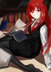 Rule 34 | 1girl, accident, bat wings, black pantyhose, book, book stack, bookshelf, from above, head wings, highres, holding, holding book, koakuma, long hair, long sleeves, necktie, open book, pantyhose, rachael (akmj8455), reading, red eyes, red hair, shirt, sitting, skirt, solo, touhou, vest, wariza, wings