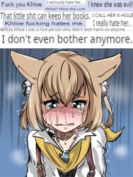 Rule 34 | 1girl, animal ears, asanagi (style), bell, blush, character name, crying, english text, final fantasy, final fantasy xiv, hair bell, hair between eyes, hair ornament, highres, khloe aliapoh, long hair, open mouth, profanity, sad, sirachi, solo, tears, upper body