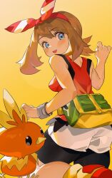 Rule 34 | 1girl, bare shoulders, black shorts, blue eyes, blush, bow, bracelet, brown hair, creatures (company), eyelashes, fanny pack, from behind, game freak, gbbgb321, gen 3 pokemon, hair bow, highres, jewelry, looking at viewer, looking back, may (pokemon), nintendo, open mouth, pokemon, pokemon (creature), pokemon oras, red bow, red shirt, shirt, shorts, sleeveless, sleeveless shirt, torchic, yellow background