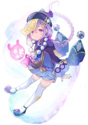 Rule 34 | 1girl, bead necklace, beads, braid, braided ponytail, child, closed mouth, coin hair ornament, full body, genshin impact, hair between eyes, hair ornament, hat, highres, jewelry, jiangshi, long hair, long sleeves, looking at viewer, miyanome, necklace, ofuda, purple eyes, purple hair, purple hat, qingdai guanmao, qiqi (genshin impact), seelie (genshin impact), shoes, sidelocks, simple background, solo, talisman, tassel, thighhighs, vision (genshin impact), white background, white thighhighs