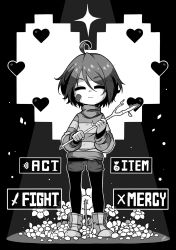 Rule 34 | ahoge, androgynous, ankle boots, back-to-back, bandaid, bandaid on face, boots, closed eyes, dated, eyebrows, flower, flowey (undertale), frisk (undertale), full body, gameplay mechanics, gender request, greyscale, heart, highres, leggings, messy hair, monochrome, sandragh, shorts, signature, solo, sparkle, spotlight, stick, striped clothes, striped sweater, sweater, undertale