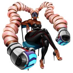 Rule 34 | 1girl, arms (game), bare shoulders, big hair, black pants, boxing gloves, breasts, chair, chilla (arms), cleavage, crossed legs, d2kprime, dark skin, domino mask, drill hair, high heels, mask, medium breasts, nail polish, pants, prehensile hair, red lips, ribbon hair, sitting, smile, solo, stiletto heels, strapless, thick thighs, thighs, tube top, twin drills, twintelle (arms), very dark skin