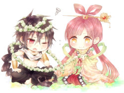 Rule 34 | 1boy, 1girl, blush, bracelet, braid, d;, dress, flower, flying sweatdrops, hair ornament, hair rings, hair stick, jewelry, judal, long hair, magi the labyrinth of magic, niwako, one eye closed, open mouth, pink hair, red eyes, ren kougyoku, squiggle, sweat, traditional clothes, yellow eyes