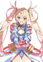 Rule 34 | 1girl, armor, blonde hair, blue eyes, blush, box, bradamante (fate), bradamante (second ascension) (fate), braid, breasts, cleavage, coat, criss-cross halter, crown braid, elbow gloves, epaulettes, fate/grand order, fate (series), faulds, gift, gift box, gloves, hair between eyes, hair ornament, halterneck, heart-shaped box, highleg, highleg leotard, highres, incoming gift, leotard, long hair, looking at viewer, medium breasts, open mouth, outstretched arms, saitou masatsugu, simple background, smile, solo, thighs, twintails, valentine, very long hair, white background, white coat, white gloves