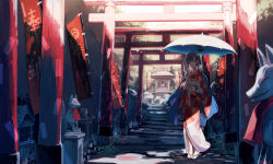 Rule 34 | 1girl, age nasuo, fox, fox mask, highres, japanese clothes, kimono, mask, obi, original, sandals, sash, short hair, torii, umbrella