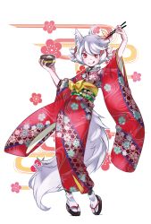 Rule 34 | 1girl, alternate costume, animal ears, arm up, bowl, chopsticks, floral print, flower, hair flower, hair ornament, happy new year, highres, inubashiri momiji, japanese clothes, kimono, licking lips, long sleeves, namauni, new year, obi, pink eyes, sash, silver hair, smile, solo, tail, tongue, tongue out, touhou, wide sleeves, wolf ears, wolf tail