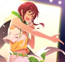 Rule 34 | 1boy, asymmetrical hair, bare arms, bare shoulders, belt, commentary request, confetti, cowboy shot, ensemble stars!, green belt, hand up, headset, highres, hood, hood down, hooded jacket, jacket, jewelry, li (rkce2433), lightning bolt symbol, male focus, midriff peek, multicolored hair, navel, necklace, open clothes, open jacket, open mouth, outstretched arm, red hair, sakasaki natsume, sleeveless, solo, streaked hair, teeth, two-tone hair, upper teeth only, white hair, yellow eyes