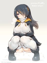 Rule 34 | 10s, 1girl, black hair, boots, breasts, character name, dripping, emperor penguin (kemono friends), hair over one eye, headphones, hood, hoodie, jacket, kemono friends, long hair, medium breasts, pee, peeing, peeing self, purple eyes, shigatake, smile, solo, squatting, thighhighs, thighs, white thighhighs