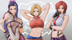 Rule 34 | 3girls, abs, armpits, arms behind head, bare shoulders, belt, blonde hair, blouse, blue eyes, blue mary, breasts, collared shirt, crop top, fatal fury, fingerless gloves, gloves, halterneck, hand on own hip, highres, large breasts, lips, lipstick, long hair, looking at viewer, luong, makeup, mature female, midriff, multiple girls, muscular, navel, necktie, pants, red eyes, red hair, shirt, short hair, simple background, sleeveless, sleeveless shirt, smile, snk, straight hair, suspenders, the king of fighters, the king of fighters xv, vanessa (kof), white shirt, x chitch