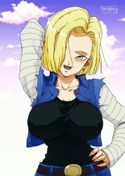 Rule 34 | 1girl, android 18, belt, blonde hair, blue eyes, breasts, cleavage, cloud, cloud sky, collarbone, dragon ball, dragonball z, female focus, hair over one eye, highres, large breasts, looking at viewer, shirt, short hair, simple background, sky, smile, tagme