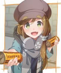 Rule 34 | 1girl, :d, blush, brown hair, can, canned coffee, commentary request, drink can, fang, georgia max coffee, green eyes, hair ornament, hair scrunchie, hat, inuyama aoi, konnyaku (kk-monmon), long sleeves, looking at viewer, open mouth, scarf, scrunchie, skin fang, smile, solo, thick eyebrows, yurucamp