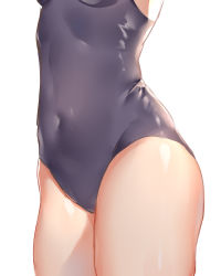 Rule 34 | 1girl, armpits, arms up, blue one-piece swimsuit, breasts, close-up, covered navel, groin, guzangnanfeng, head out of frame, highres, one-piece swimsuit, original, school swimsuit, shiny clothes, simple background, solo, swimsuit, thighs, white background