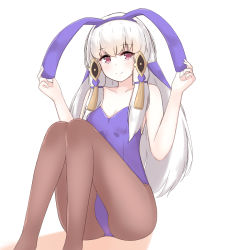 Rule 34 | 1girl, animal ears, blue leotard, chirun0, closed mouth, fake animal ears, feet out of frame, fire emblem, fire emblem: three houses, hair ornament, knees up, leotard, long hair, looking at viewer, lysithea von ordelia, nintendo, pantyhose, pink eyes, playboy bunny, sidelocks, simple background, sitting, smile, solo, white background, white hair