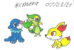 Rule 34 | artist name, black eyes, brown eyes, closed mouth, cmara, commentary, creatures (company), dated, fennekin, frown, game freak, gen 5 pokemon, gen 6 pokemon, gen 7 pokemon, looking at viewer, looking up, nintendo, no humans, pokemon, pokemon (creature), popplio, red eyes, simple background, smile, snivy, traditional media, white background