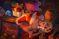 Rule 34 | 1girl, absurdres, alternate costume, alternate hair color, alternate hairstyle, ambitious elf jinx, armlet, asymmetrical gloves, bare arms, bare shoulders, blonde hair, box, breasts, candy, candy cane, christmas, creature, dark, dress, fingerless gloves, food, fur-trimmed dress, fur trim, gift, gift box, gloves, green eyes, hat, highres, jinx (league of legends), league of legends, long pointy ears, looking at viewer, lying, merry christmas, monori rogue, naughty face, no bra, on back, pantyhose, pointy ears, red gloves, santa hat, skinny, small breasts, solo, striped, tongue, tongue out, toy train, vertical stripes