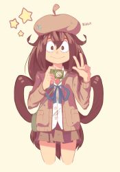 Rule 34 | 10s, 1girl, asui tsuyu, badge, bag, beige background, beret, blue ribbon, boku no hero academia, brown eyes, brown hair, brown jacket, brown skirt, button badge, camera, creatures (company), cropped legs, english text, female focus, froakie, game freak, gen 6 pokemon, hair rings, hands up, hat, highres, holding, jacket, long hair, long sleeves, looking at viewer, neck ribbon, nintendo, pleated skirt, pokemon, pokemon (creature), ribbon, sally (luna-arts), shirt, simple background, skirt, smile, solo, standing, star (symbol), straight-on, very long hair, w, white shirt
