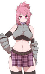 Rule 34 | 1girl, arm at side, armor, bare shoulders, black bra, black gloves, black thighhighs, boobplate, bra, breastplate, breasts, brown thighhighs, closed mouth, contrapposto, copyright request, cowboy shot, dot mouth, elbow gloves, expressionless, folded ponytail, gauntlets, gloves, hair ornament, hairclip, hand on own hip, large breasts, looking at viewer, medium hair, midriff, navel, panty straps, pelvic curtain, pink eyes, pink hair, purple scarf, scarf, simple background, solo, standing, sumiyao (amam), swept bangs, thighhighs, underwear, white background
