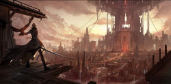 Rule 34 | 1boy, bird, building, cape, cityscape, cloud, eagle, from behind, huge weapon, kdash, male focus, original, scenery, short hair, sky, solo, standing, sword, weapon, white hair