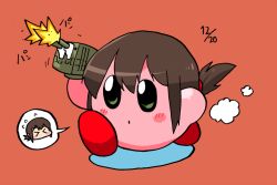 Rule 34 | &gt; &lt;, 1girl, cannon, dated, firing, flying sweatdrops, fubuki (kancolle), fusion, green eyes, holding, kantai collection, kirby, kirby (series), nintendo, rariatto (ganguri), red background, red footwear, shoes, simple background, solo, spoken character, walking