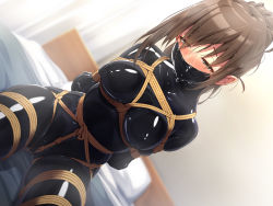 Rule 34 | 1girl, arms behind back, bdsm, bodysuit, bondage, bound, breasts, brown hair, crotch rope, dehydrated, exhausted, gag, half-closed eyes, highres, impossible clothes, improvised gag, latex, latex suit, long hair, looking down, medium breasts, on bed, original, ponytail, purinpu, sitting, skin tight, sweat, tape, tape gag, thigh gap