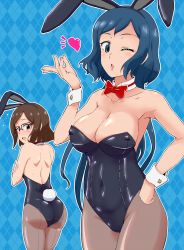Rule 34 | 10s, 2girls, animal ears, ass, blowing kiss, blue eyes, blue hair, bow, bowtie, breasts, brown eyes, brown hair, rabbit ears, playboy bunny, cleavage, covered navel, embarrassed, covered erect nipples, fake animal ears, fishnet pantyhose, fishnets, gundam, gundam build fighters, hand on own hip, heart, iori rinko, kousaka china, large breasts, leotard, lips, long hair, looking back, mature female, multiple girls, one eye closed, pantyhose, short hair, tears, tj-type1, wink, wrist cuffs