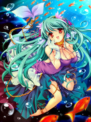 Rule 34 | anklet, barefoot, breasts, bubble, cleavage, dress, fish, full body, gloves, goldfish, green hair, hair ornament, hand on own face, jewelry, large breasts, long hair, menokonome, mermaid, monster girl, original, red eyes, smile, solo, submerged, water, white gloves