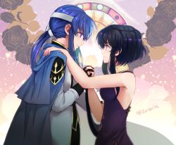 Rule 34 | 1boy, 1girl, alternate costume, armor, bandana, bare arms, bare shoulders, black gloves, black hair, blue cape, blue eyes, blue hair, breasts, cape, closed mouth, collar, commentary request, dancing, dress, earrings, eye contact, fire emblem, fire emblem: genealogy of the holy war, floral background, formal, from side, gloves, hand on another&#039;s back, hand on another&#039;s shoulder, height difference, holding, holding hands, jewelry, larcei (fire emblem), long hair, long sleeves, looking at another, medium breasts, nintendo, ponytail, purple dress, purple eyes, seliph (fire emblem), shoochiku bai, short hair, short hair with long locks, shoulder armor, sidelocks, sleeveless, sleeveless dress, smile, twitter username, upper body, waltz (dance), white bandana