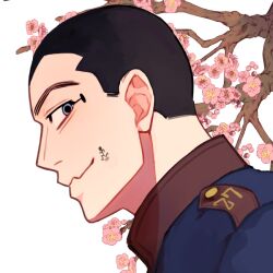 Rule 34 | 1boy, black hair, blue eyes, blue jacket, branch, buzz cut, character request, cherry blossoms, facial tattoo, facing to the side, flower, golden kamuy, jacket, kisaragireki, light smile, looking at viewer, male focus, military jacket, pink flower, portrait, short hair, solo, tattoo, tree, very short hair