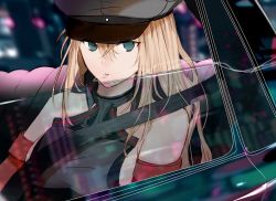 Rule 34 | 1girl, armor, bismarck (kancolle), blonde hair, blue eyes, breastplate, cat, cigarette, close-up, commentary request, detached sleeves, hat, kantai collection, looking to the side, military hat, mouth hold, okayu (papiko1111), peaked cap, reflection, seatbelt, sitting, smoking, solo, upper body