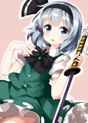 Rule 34 | 1girl, black bow, black bowtie, black hairband, blue eyes, blunt bangs, bow, bowtie, buttons, collared shirt, cowboy shot, dutch angle, frilled skirt, frills, ghost print, green skirt, green vest, grey hair, hairband, highres, holding, holding sword, holding weapon, katana, konpaku youmu, looking at viewer, open mouth, pink background, puffy short sleeves, puffy sleeves, ruu (tksymkw), shirt, short hair, short sleeves, simple background, skirt, skirt set, solo, sword, touhou, vest, weapon