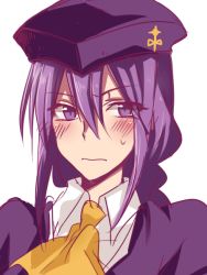 Rule 34 | 00s, 1girl, 6 (yuchae), blush, hat, long hair, melty blood, purple eyes, purple hair, simple background, sion eltnam atlasia, solo, tsukihime, white background