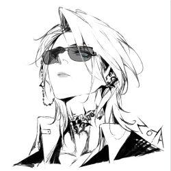 Rule 34 | 1girl, collarbone, ear piercing, earrings, glasses, greyscale, jacket, jewelry, looking at viewer, looking down, monochrome, neck, original, path to nowhere, piercing, reroi, simple background, solo, sunglasses, tattoo, upper body, white background, white hair, zoya (path to nowhere)