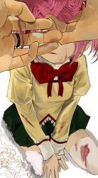 Rule 34 | 1girl, 1other, absurdres, bad id, bad twitter id, black skirt, blood, blood on face, bow, bowtie, commentary request, covered face, cuts, frown, full body, gem, hands on floor, highres, injury, jewelry, juliet sleeves, kaname madoka, long sleeves, mahou shoujo madoka magica, mahou shoujo madoka magica (anime), medium hair, mihifu, open mouth, pink hair, puffy sleeves, purple gemstone, red bow, red bowtie, ring, seiza, shirt, simple background, sitting, skirt, socks, solo focus, thighhighs, unraveling, white background, white socks, yarn, yellow shirt
