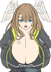 Rule 34 | 1girl, alternate breast size, belt, black bodysuit, black choker, black jacket, blue eyes, bodysuit, breast tattoo, breasts, brown hair, choker, cleavage, eunie (xenoblade), gigantic breasts, head wings, hood, jacket, light xion, long hair, long sleeves, looking at viewer, open clothes, open jacket, open mouth, solo, tattoo, unfinished, white wings, wings, xenoblade chronicles (series), xenoblade chronicles 3