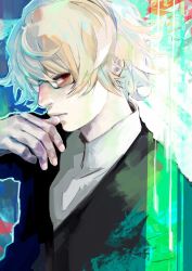 Rule 34 | 1boy, absurdres, black jacket, blonde hair, blue background, brown hair, closed mouth, collared shirt, glasses, green background, green jacket, grey shirt, hand up, highres, jacket, kyuuba melo, multicolored hair, nishio nishiki, outline, red eyes, shirt, solo, tokyo ghoul, two-tone hair, white outline
