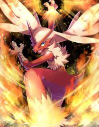 absurdres arm_up beak blaziken blue_eyes claws creatures_(company) feathers fire game_freak gen_3_pokemon glowing highres looking_at_viewer ms_misubaru_mk2 multicolored_feathers nintendo no_humans pokemon pokemon_(creature) pokemon_focus red_feathers solo white_feathers yellow_feathers