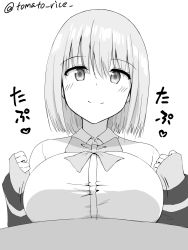 Rule 34 | 1boy, 1girl, blush, breasts, breasts squeezed together, greyscale, gridman universe, hetero, highres, implied paizuri, jacket, large breasts, looking at viewer, monochrome, paizuri, paizuri under clothes, pov, shinjou akane, shirt, short hair, simple background, solo, solo focus, ssss.gridman, tomato rice, twitter username, white background