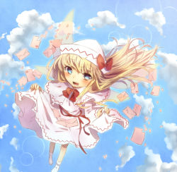 Rule 34 | 1girl, bad id, bad pixiv id, blonde hair, blue eyes, blush, cloud, day, dress, envelope, female focus, flying, hat, lily white, long hair, sky, solo, tepes, touhou