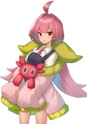 Rule 34 | :3, absurdres, ahoge, azuchi momo, blue dress, breasts, brown eyes, collared shirt, dress, hair intakes, highres, hugging object, jacket, long hair, long sleeves, necktie, nijisanji, off shoulder, parted lips, pinafore dress, pink hair, pink jacket, pink necktie, shirt, simple background, sleeveless, sleeveless dress, sleeves past fingers, sleeves past wrists, small breasts, solo, very long hair, virtual youtuber, white background, white shirt, wide sleeves, yuuki nao (pixiv10696483)