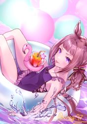 Rule 34 | 1girl, :p, absurdres, animal ears, blush, bow, breasts, brown hair, casual one-piece swimsuit, collarbone, cup, drinking straw, feet out of frame, hair bow, hair rings, highres, holding, holding cup, horse ears, innertube, long hair, looking at viewer, one-piece swimsuit, purple eyes, purple one-piece swimsuit, sitting, small breasts, sodemaru unagi, solo, splashing, sweep tosho (monopolizing the chill?) (umamusume), sweep tosho (umamusume), swim ring, swimsuit, tongue, tongue out, twintails, twitter username, umamusume, water
