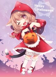Rule 34 | 1girl, :3, animal ears, bloomers, blush, bow, bowtie, braid, brown hair, capelet, cat ears, cat girl, cat tail, child, cosplay, dress, fang, full body, halloween, halloween bucket, happy halloween, head tilt, highres, holding, hood, hood up, jack-o&#039;-lantern, lace, lace-trimmed dress, lace trim, little red riding hood, little red riding hood (grimm), little red riding hood (grimm) (cosplay), long hair, mary janes, nekonooteteumai, one eye closed, open mouth, original, red eyes, shoes, smile, socks, solo, tail, tail bow, tail ornament, twin braids, underwear