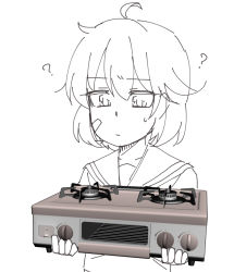 Rule 34 | 1girl, 3d, ?, ahoge, bandaid, bandaid on face, closed mouth, commentary, confused, holding stove, kantai collection, oboro (kancolle), partially colored, school uniform, serafuku, short hair, simple background, solo, stove, sweatdrop, tatahai, upper body, white background